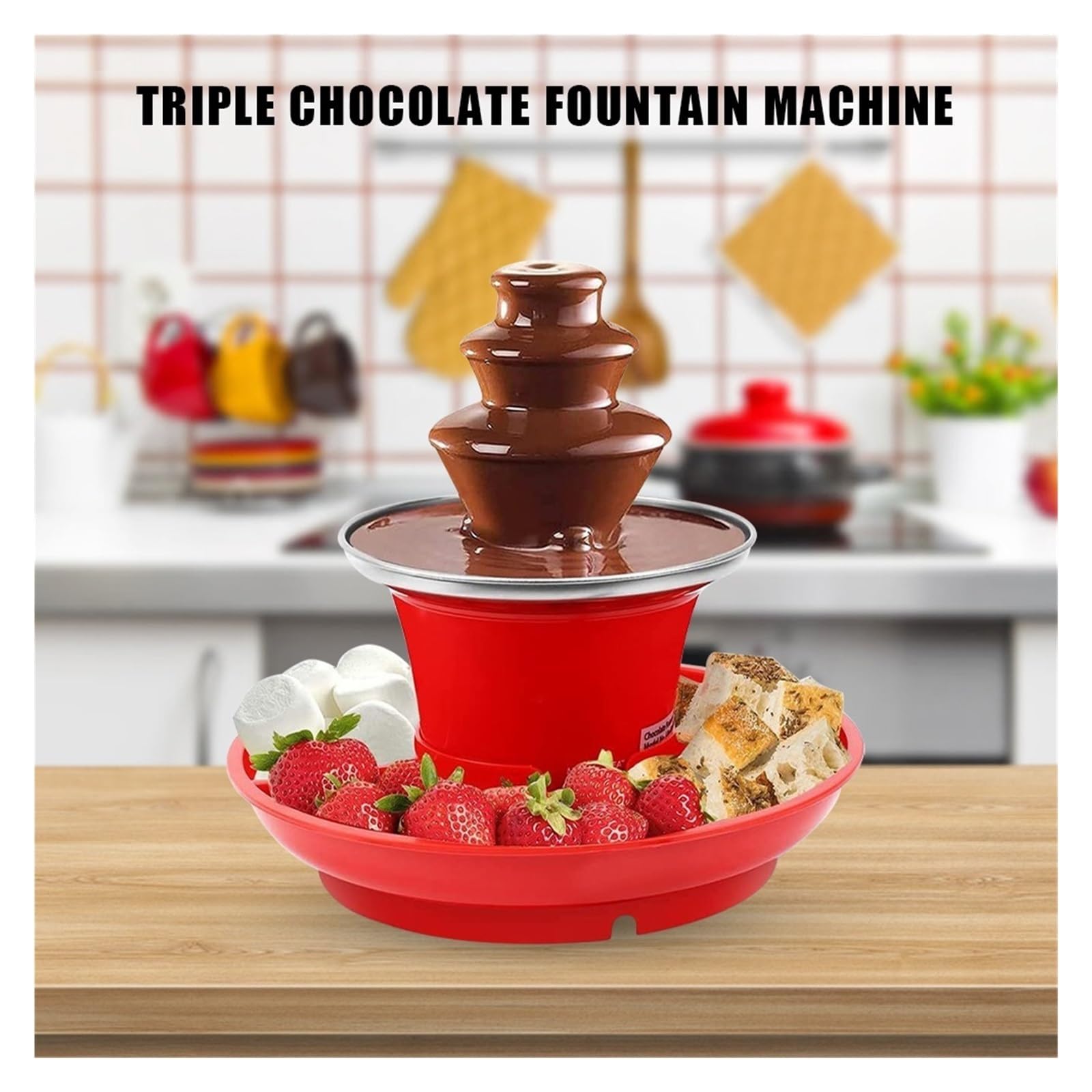 Mini fontana di cioccolato con vassoio da portata e macchina di fusione per un flusso continuo fluido a matrimoni e feste di compleanno