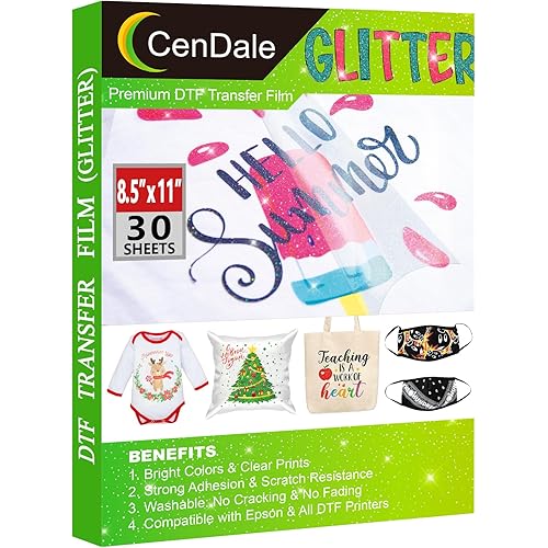 CenDale Glitter DTF Transfer Film - 8.5"x11" 30 Sheets Colorful Glitter DTF Film for Sublimation Hack, Direct to Film Printing on Light & Dark T-Shirts Textile, Hot & Cold Peel DTF Paper