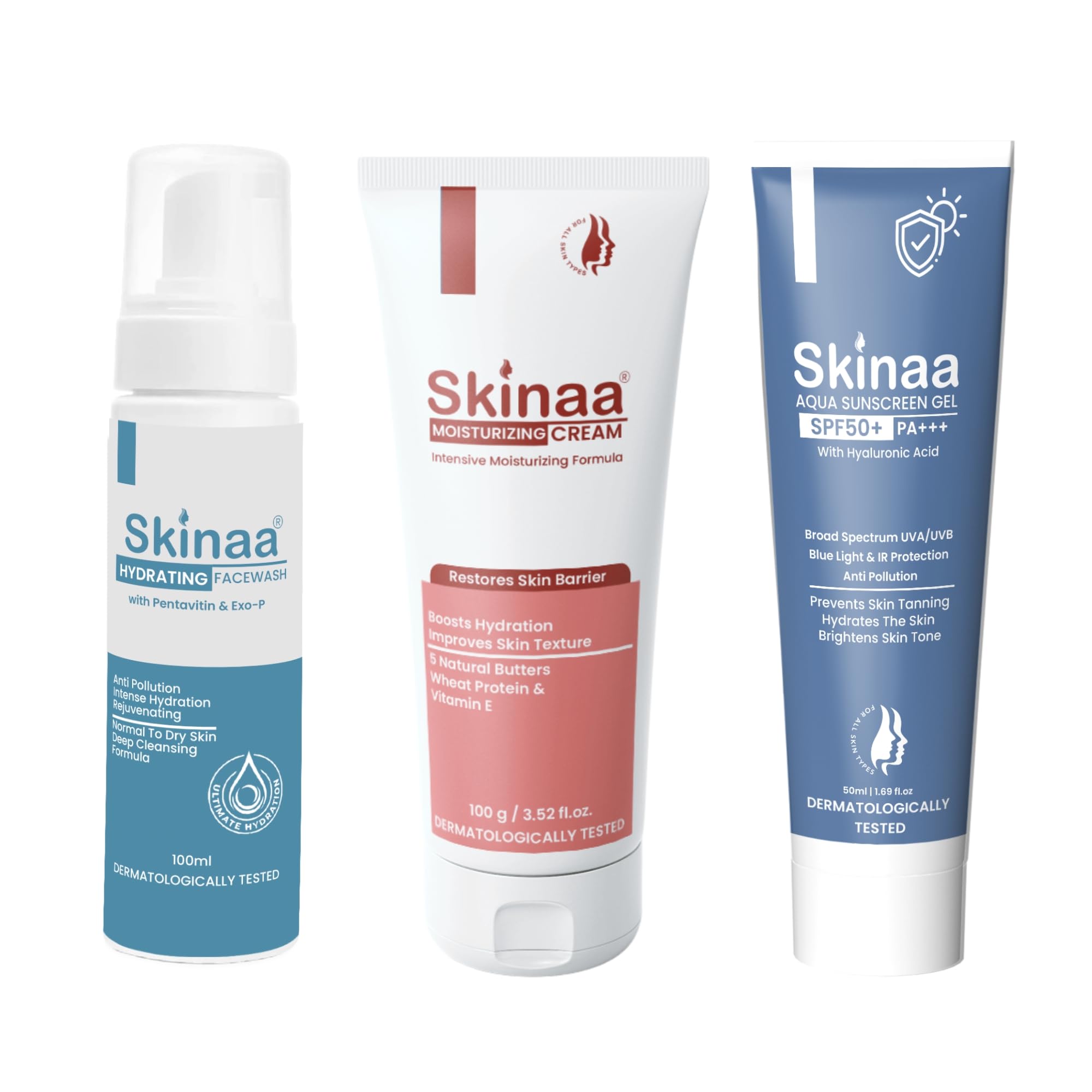 Complete Hydration and Sun Protection Combo | Hydrating Face Wash for Clean Skin, Moisturizing Cream for Deep Nourishment and Aqua Sunscreen SPF 50+ P+++ (Pack of 3)