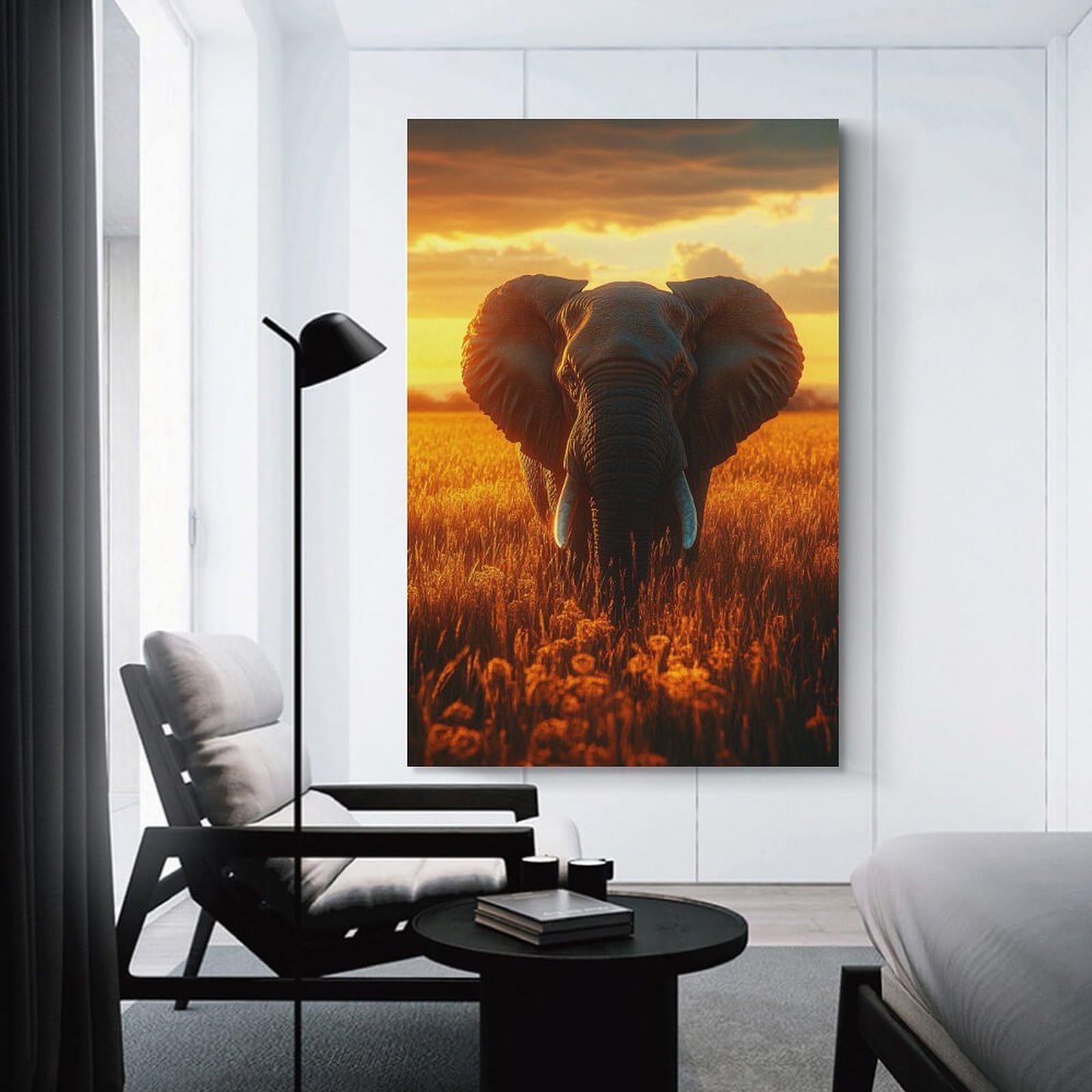 Junmoney Canvas Wall Decor Elephant in Golden Field at Sunset, 24x36inch(60x90cm), for Living Room, Bedroom, Office Or Hallway, Decorative Artwork with Broad Appeal