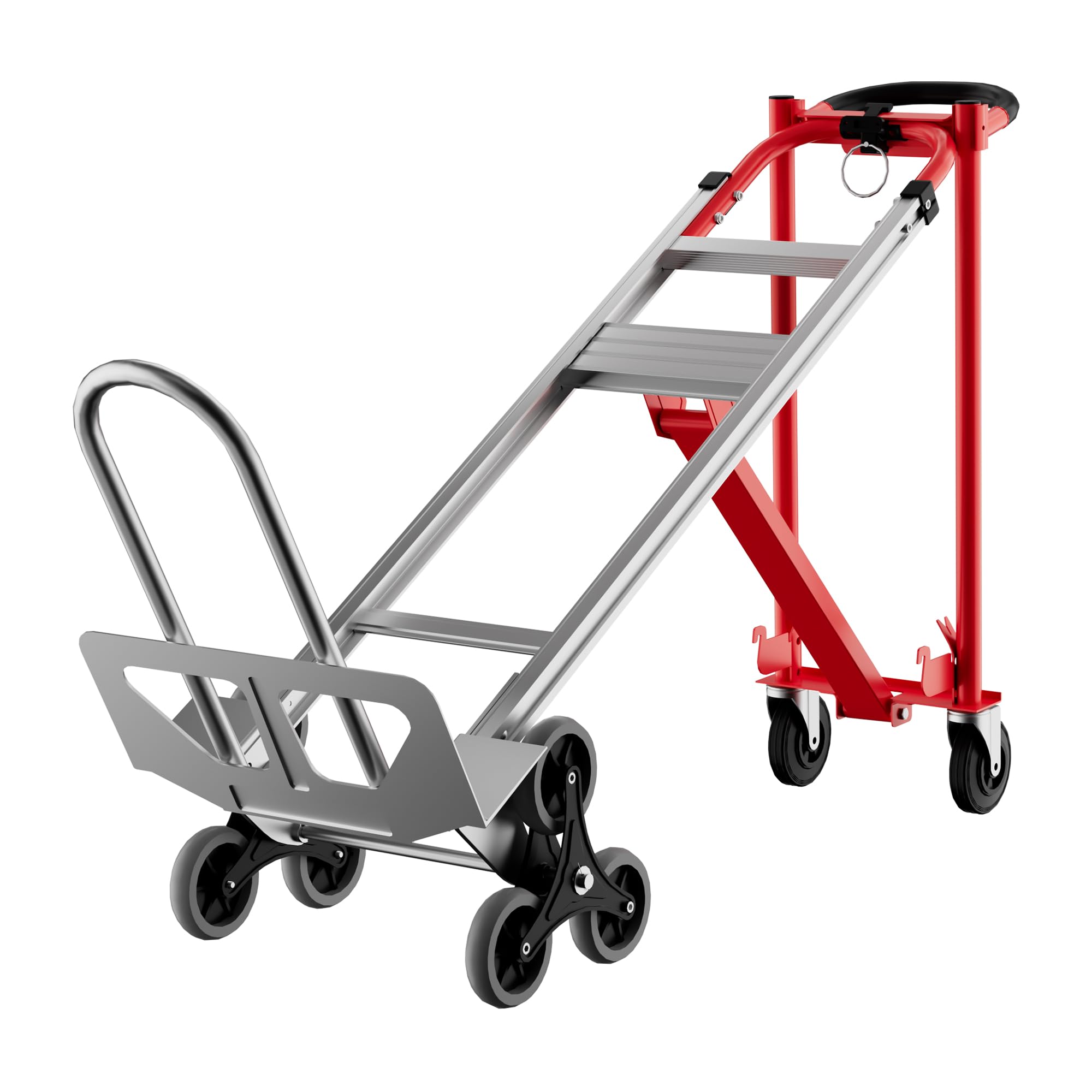 3-in-1 robuste umwandelbare Sackkarre, 362,9 kg Kapazität, Dolly Wagen, Aluminium-Handkarre mit Treppensteiger-Rädern, Treppensteigwagen für Lagertransport und Umzug (Rot + Silber)
