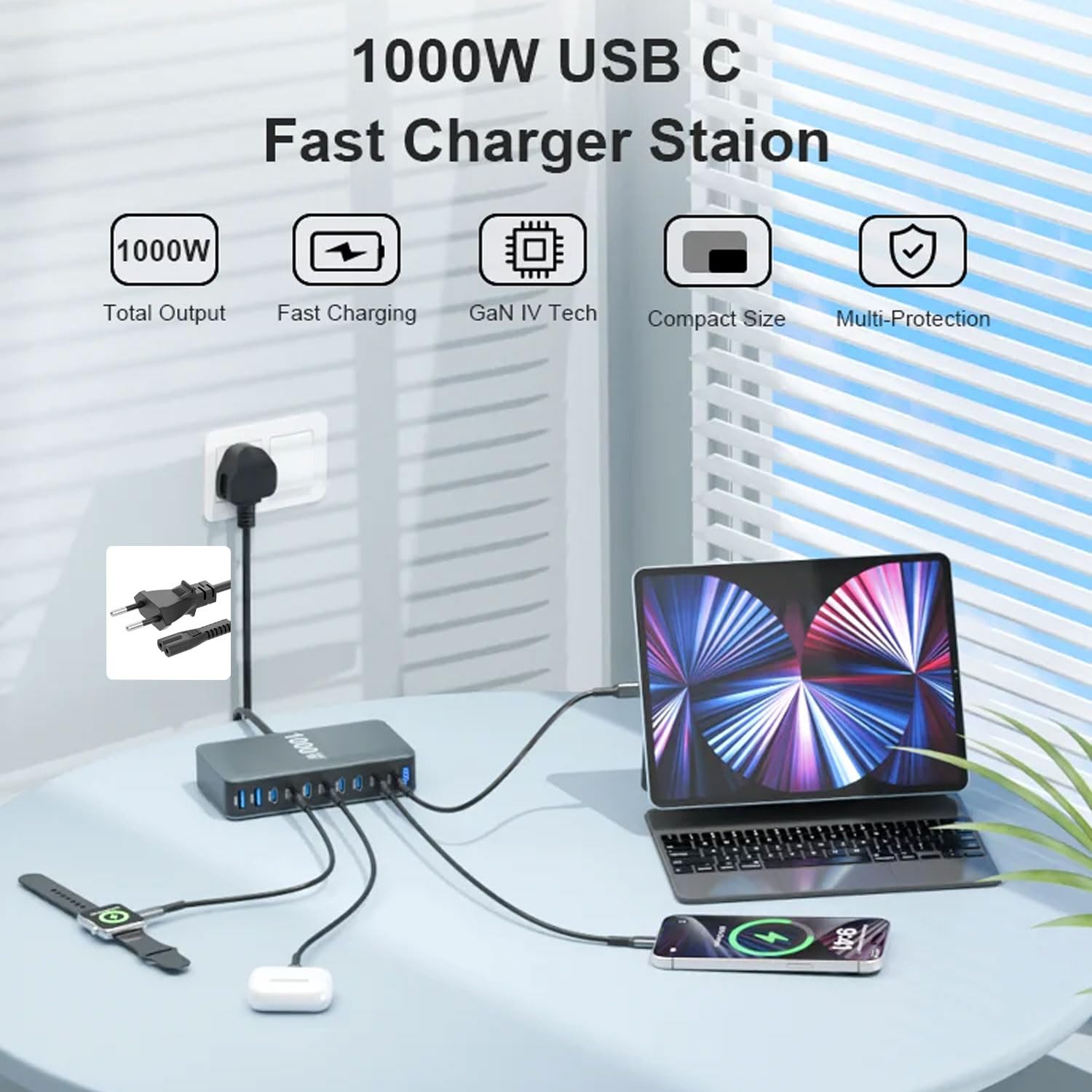 keepdrum GaN10 - Stazione di ricarica rapida USB, 10 porte, 1000 Watt