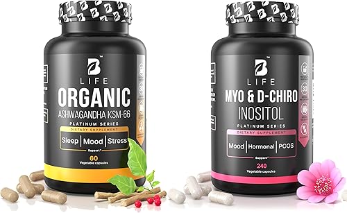Ashwagandha KSM-66 + Myo-Inositol y D-Chiro Inositol de B Life  Equilibrio hormonal y apoyo al estrés  120 + 60 cápsulas  Soporte para el estado de
