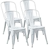 Metal Dining Chair Stackable Indoor Outdoor Industrial Vintage Chairs Bistro Kitchen Cafe Side Chairs with Back Set of 4 (Distressed White)
