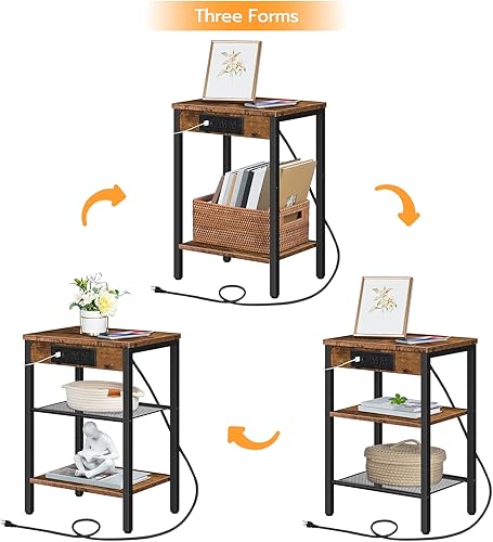 Miniatura 53 de HOOBRO Mesa auxiliar con estación de carga y puertos USB, mesita de noche de 3 niveles con estantes ajustables, mesa auxiliar pequeña para espacio