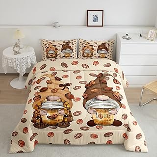 Castle Fairy Teens Coffee Comforter Set Queen Size,Khaki and Beige Bedding Set for Kids Boys Girls Bedroom Decoration,Coffee Bean Bed Duvet Insert,Kawaii Gnome Comforter with 2 Pillowcase