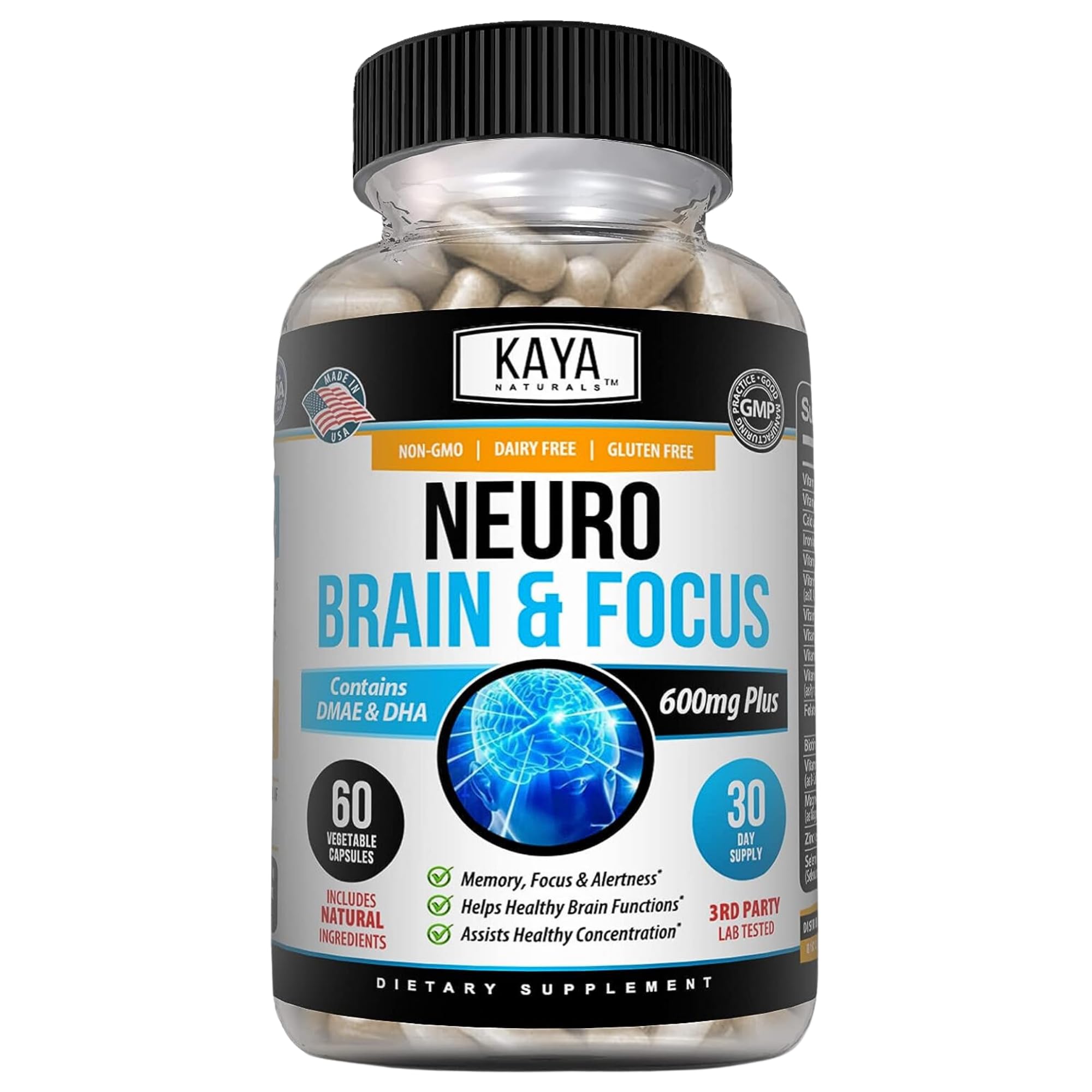 Kaya Naturals - Neuro Brain for Memory & Focus - Nootropic Energy Capsule - Nootropic Brain Support Supplement - Focus & Concentration & Learning Accuracy - Cognitive Function - 60 Count