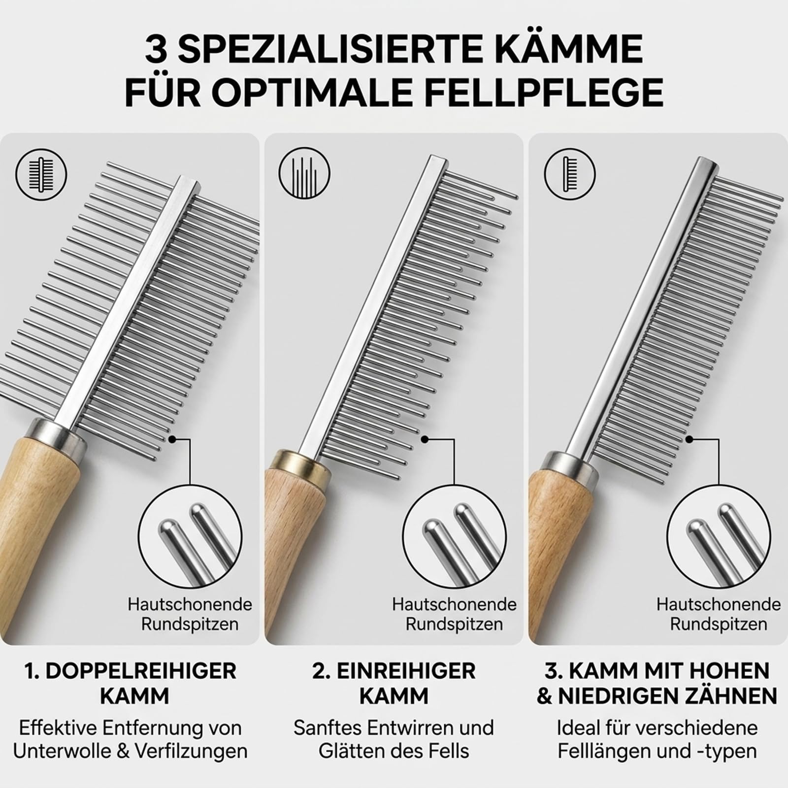 Hundekamm Katzenkamm Unterwolle, Professionelles 3-teiliges Haarpflegeset, Metallkämme mit Holzgriff für mittellanges bis langes Fell, Effektives Entwirren von verfilztem Haar