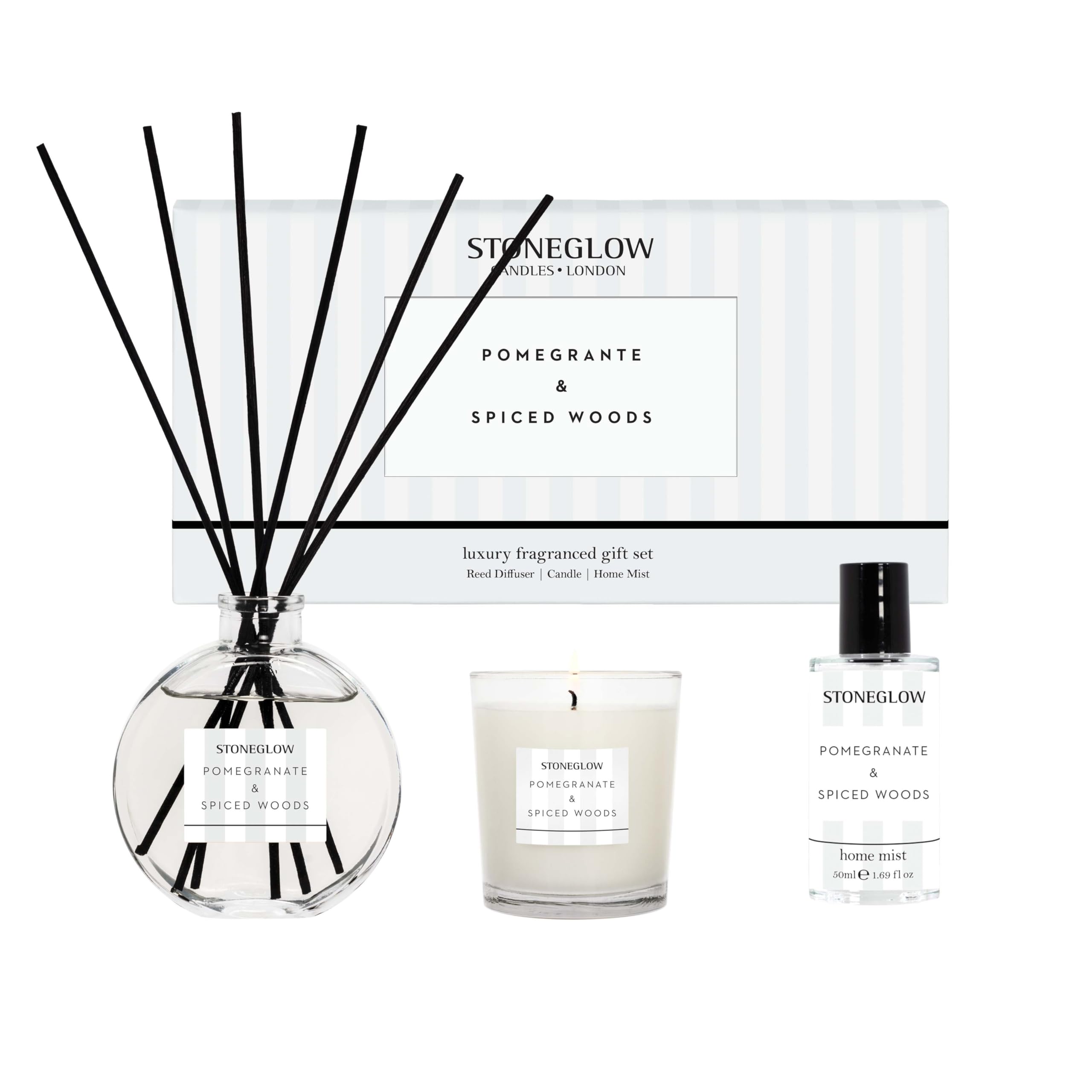 Stoneglow Modern Classics - Pomegranate & Spiced Woods Scented Gift Set - 75g Votive, 120ml Diffuser, 15ml Home Mist