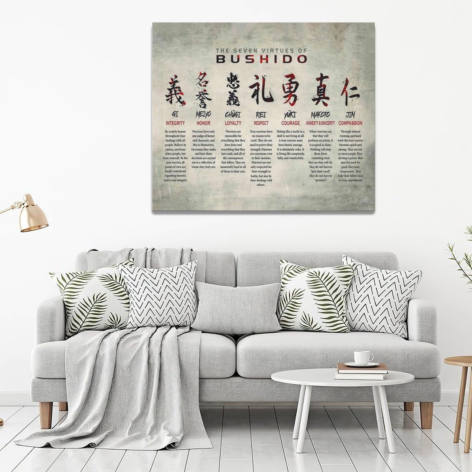Toile Encadrée Samouraï & 7 Vertus Du Bushido - 50,8 X 40,6 Cm | Décoration Murale Inspirante | Salon, Bureau, Salon | Art Mural Japonais