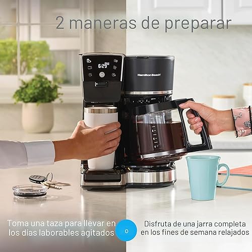 Miniatura 3 de Hamilton Beach Cafetera programable de 2 vías para 12 tazas de goteo caliente y helado y máquina de una sola porción, jarra de vidrio, pausa y