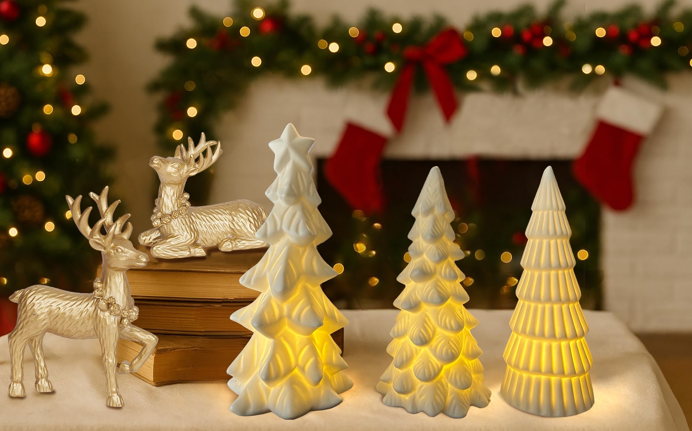 Dlfghos Podświetlana ceramiczna dekoracja choinki, małe białe choinki ze światłami, figurki choinkowe na kominek, kominek, dekoracje świąteczne do domu i na prezent