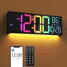 Mee 2ou 16.5" Large LED Digital Wall Clock with Bluetooth Sync, Night Light, Dimming, 2 Alarms, RGB Color, Temperature, Remote Control, 12/24H, Timer for Living Room, Bedroom, Gym, Office