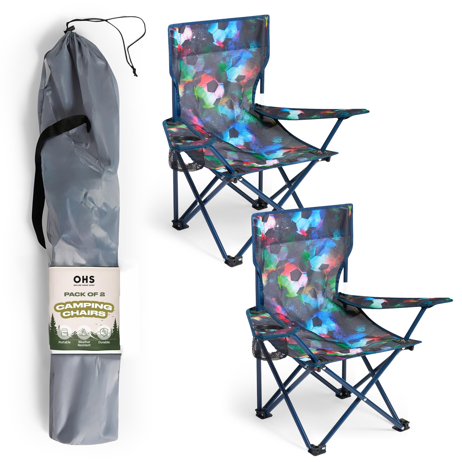 OHS Camping Chairs Set of 2 Neon Football, High Back Boys Kids Camping Chair with Drinks Cup Holder Lightweight Compact Foldable Chair Picnic Festival Garden Outdoor Kids Chairs โ image 1
