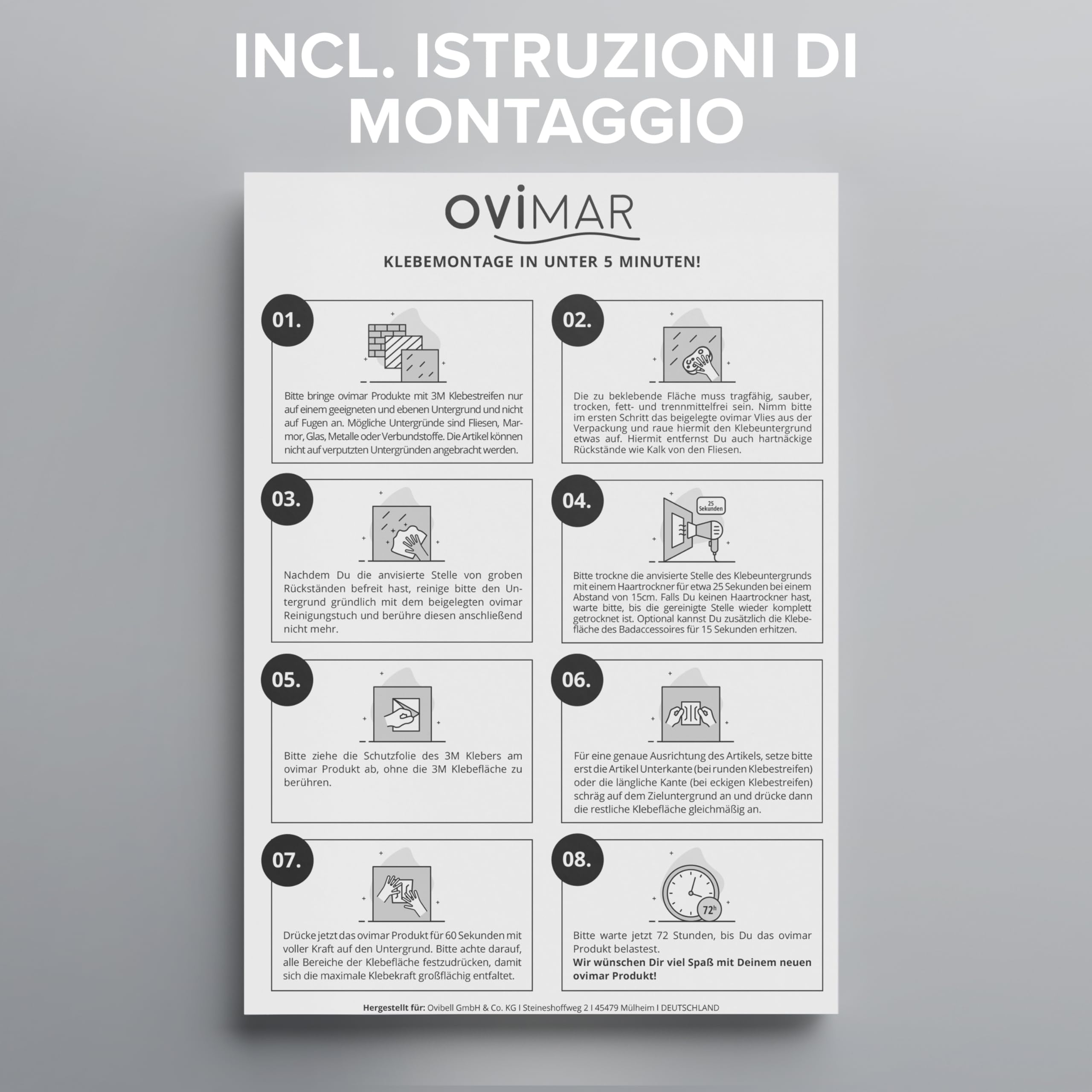 ovimar Engeloya Bicchiere per spazzolini da denti | nero | senza foratura | in vetro e acciaio inox per il bagno | con bicchiere estraibile e porta spazzolino da denti | da attaccare alla parete