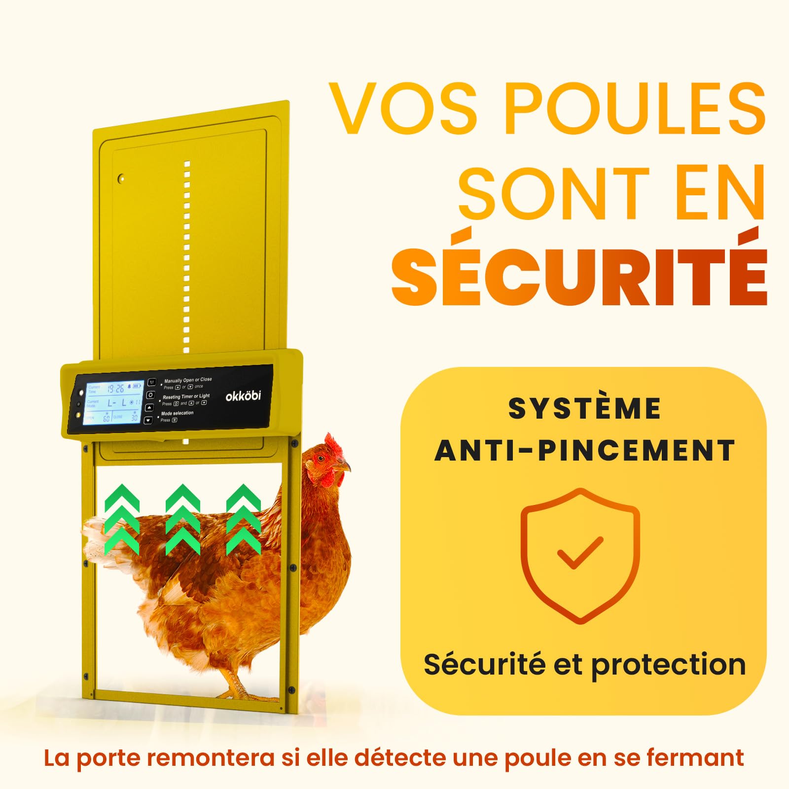 Porte Automatique Okkobi Poulailler Solaire - Écran LCD, Télécommande Porte Automatique Okkobi Poulailler Solaire - Écran LCD, Télécommande