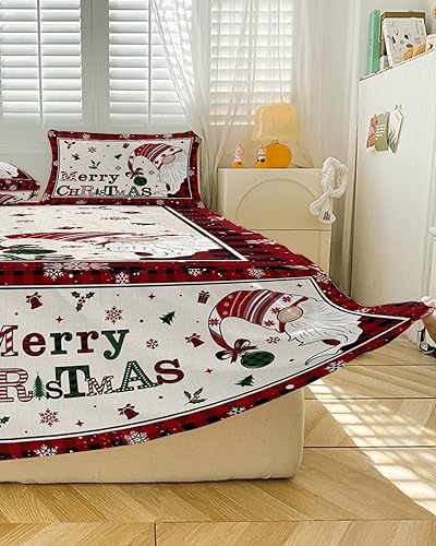 Miniatura 5 de Juego de sábanas de falda de cama de Navidad, 1 sábana y 2 fundas de almohada, falda de cama tamaño King de 18 pulgadas de caída, gnomos a cuadros