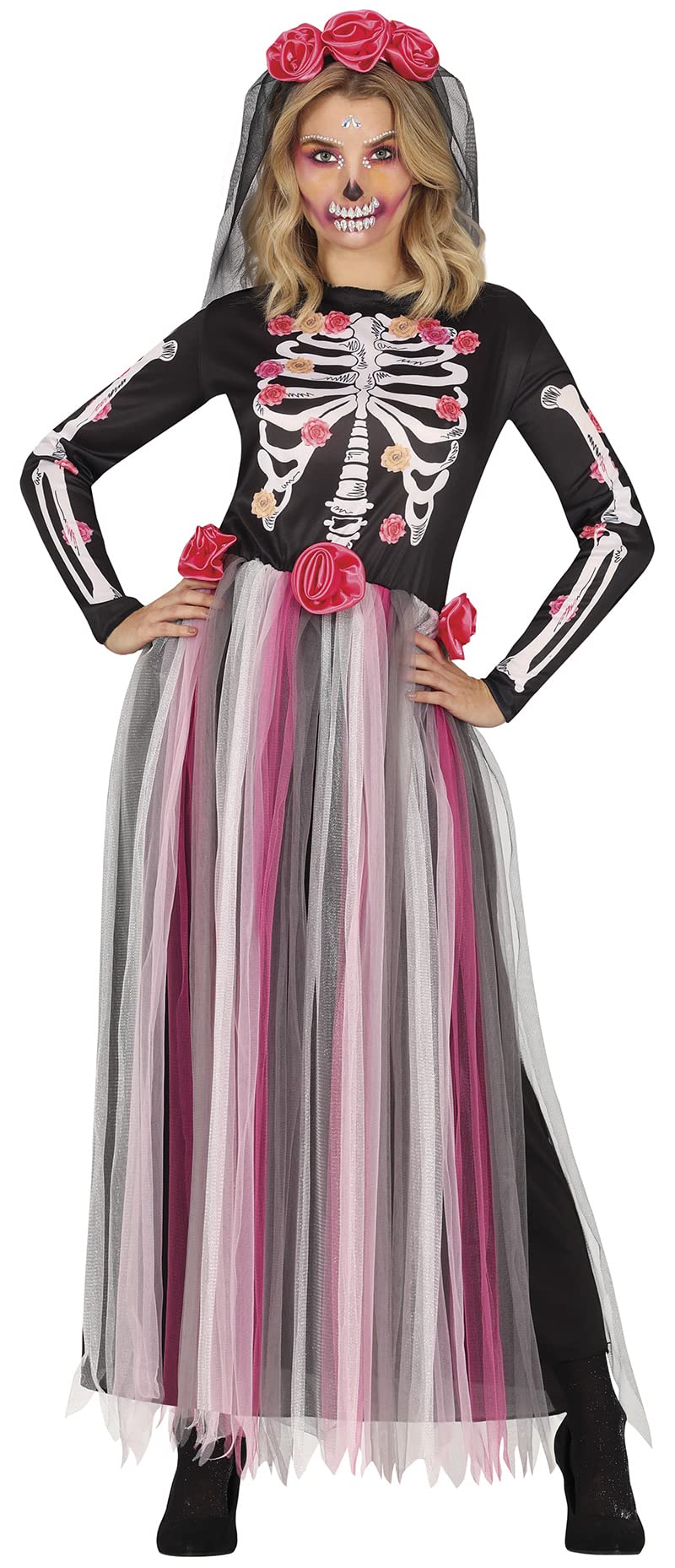 FIESTAS GUIRCA Roses Skeleton Day Of The Dead Halloween Costume Adult Women - Long Dress with Roses Veil - Adults Fancy Dress Costumes Women Size M 10-12