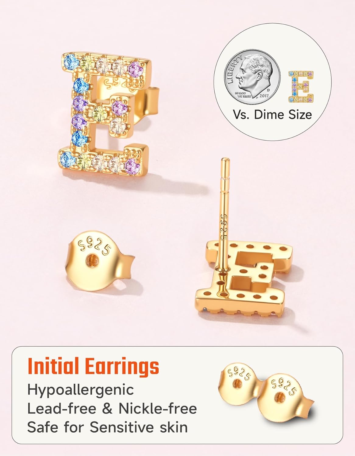 14K Gold Plated Initial Earrings Studs with 5A Cubic Zirconia, Sterling Silver Post Push Backs CZ Simulated Diamond Hypoallergenic Alphabet Letter Studs for Women Jewelry Gifts Initial A-Z