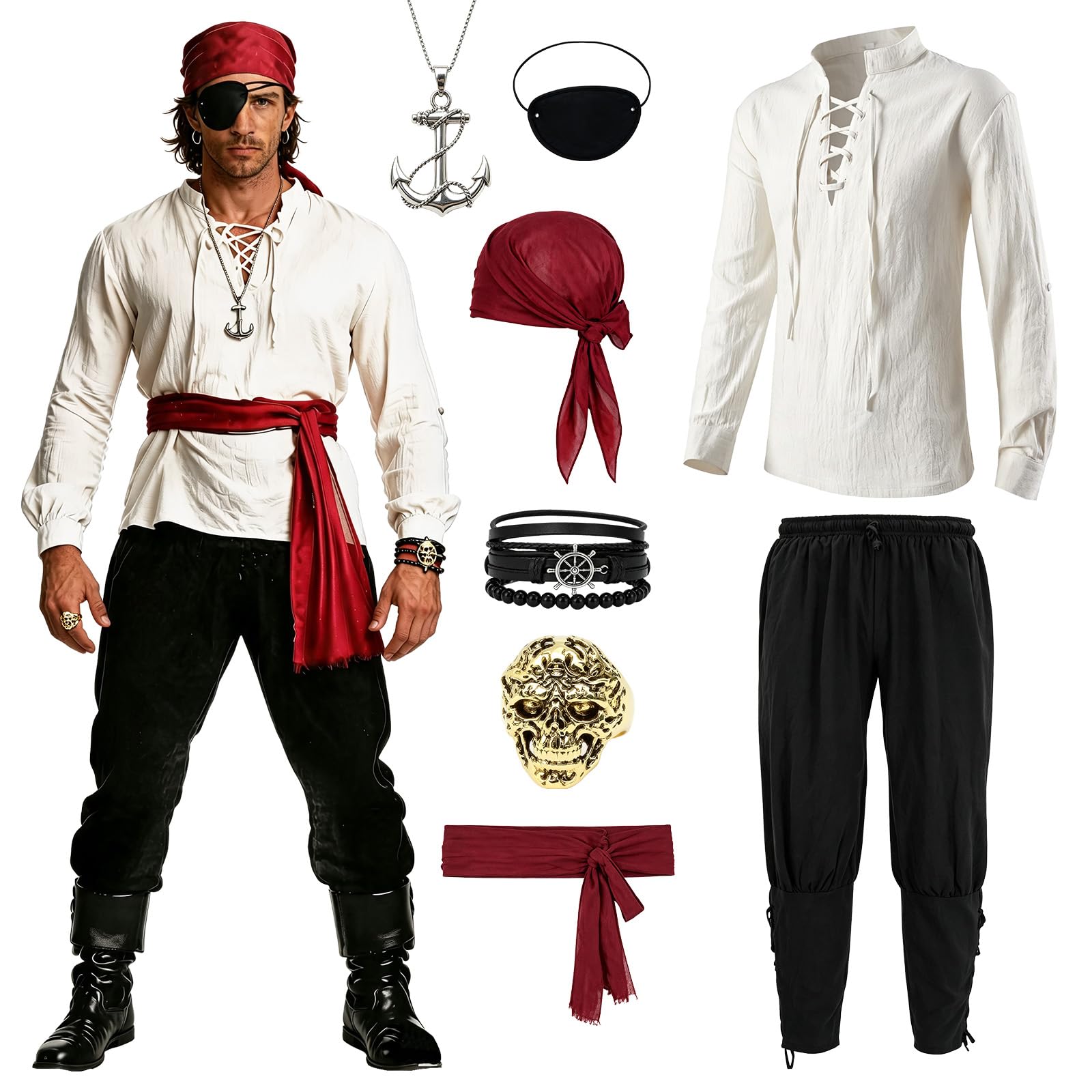 HZVRTN Men's pirate costume, an 8-piece adult pirate outfit set with a medieval shirt, trousers, and six accessories for Halloween, carnivals, and cosplay parties (White, M)
