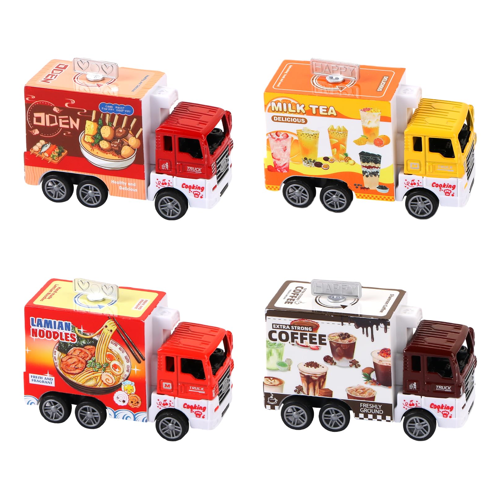 LALASTYLE 4Pcs Pullback Food Trucks, Coffee, Juice, Ramen & Oden Toy Vehicles, Mini Friction Powered Cars, Party Favours, Cake Toppers & Pretend Play