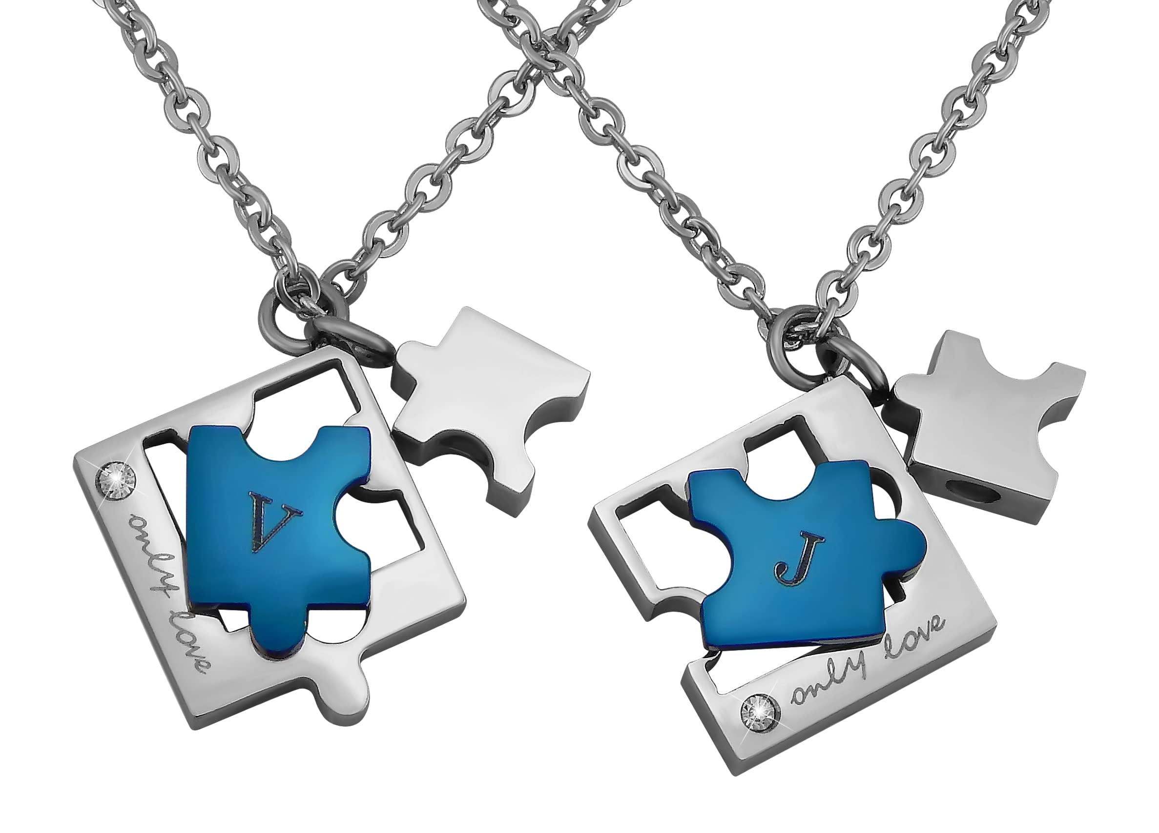 2 Stück Personalisierte Kette mit Gravur Edelstahl 50 cm mit Anhänger Puzzle Teil mit Strass-Stein in silber blau - Personalisierte Geschenke Damen Herren Freundin Freund - Partner Halskette