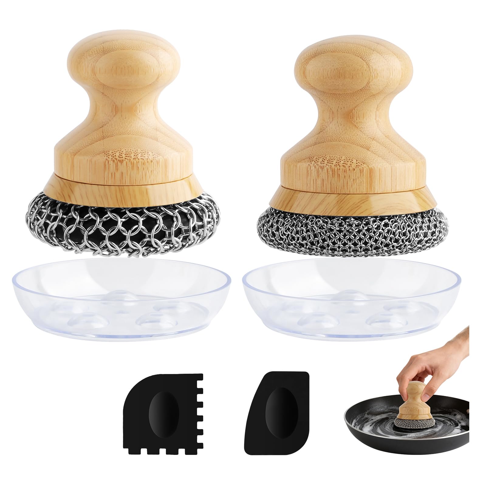Scrubber for Cast Iron Pan, Pot Cleaner with 2 Scrapers,Chain Mail Cleaning Brush for Dishes, Pots, Pans, Griddles, Grills(Small&Large Chain Mail,2pcs)