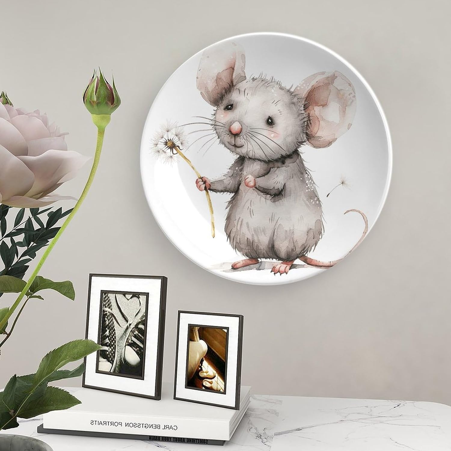 Holding Dandelion Bone China Decorative Plate with Display Stand, Ceramic Ornaments Plate for Wall Hanging, Personalized Porcelain Plates for Office, Living Room 8inch