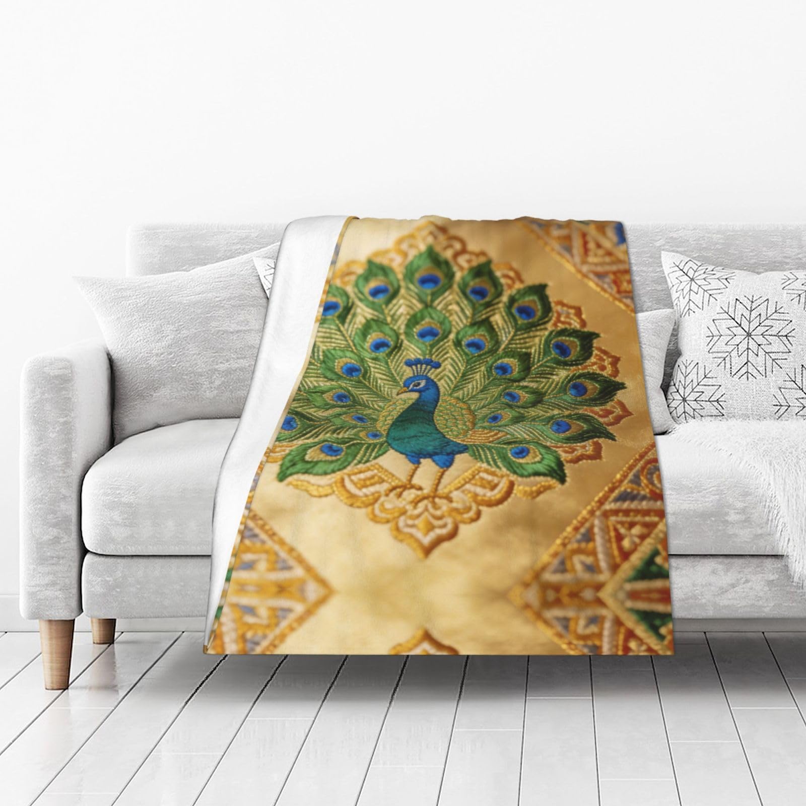 DUYIOKH Peacock Embroidery on Gold Fabric Print Thick Throw Blanket, Blanket for Couch Bed Warm Travel Blanket for Camping Movie Night