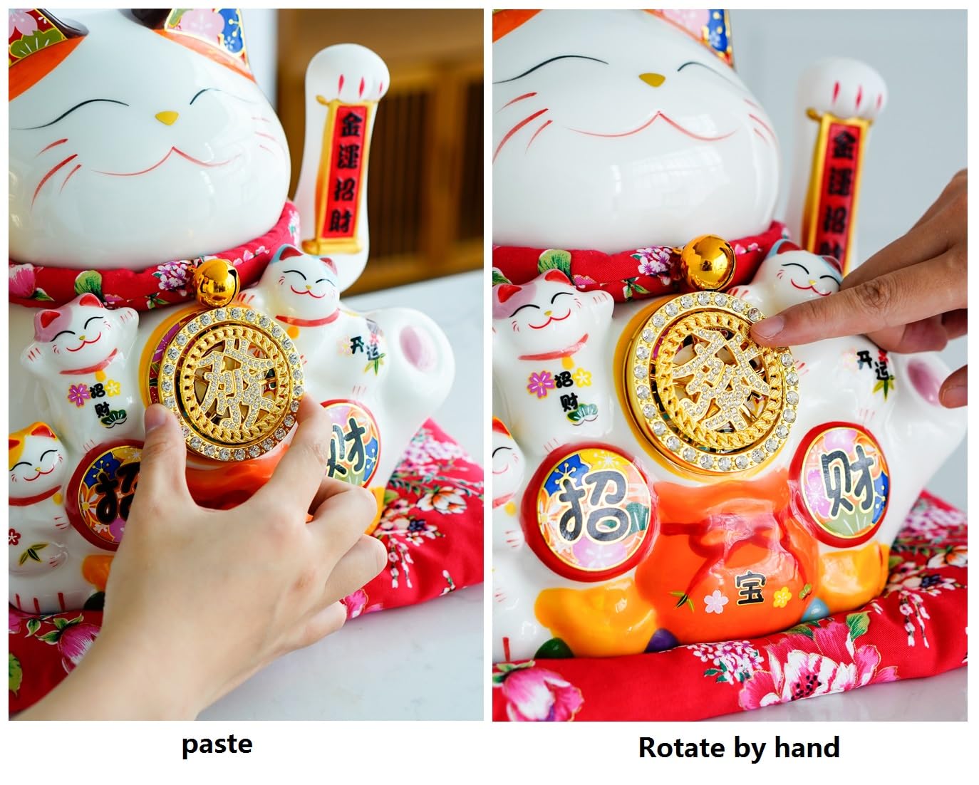 Chińska porcelana Feng Shui Machająca figurka kota na szczęście z ruchomym ramieniem Ceramiczna statuetka Maneki Neko machającego kota na szczęście do dekoracji biura domowego i sklepu Obróć ręcznie