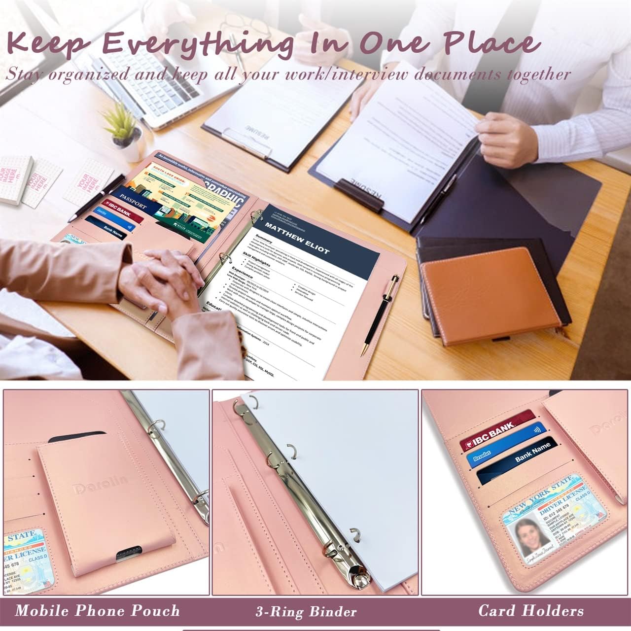 Darolin Business/Resume Portfolio Folder Binder, Padfolio with 3 Ring Binder, Interview/Conference/Legal Document Portfolio Organizer, Leather Portfolio Padfolio for Women/Men - RG : Office Products