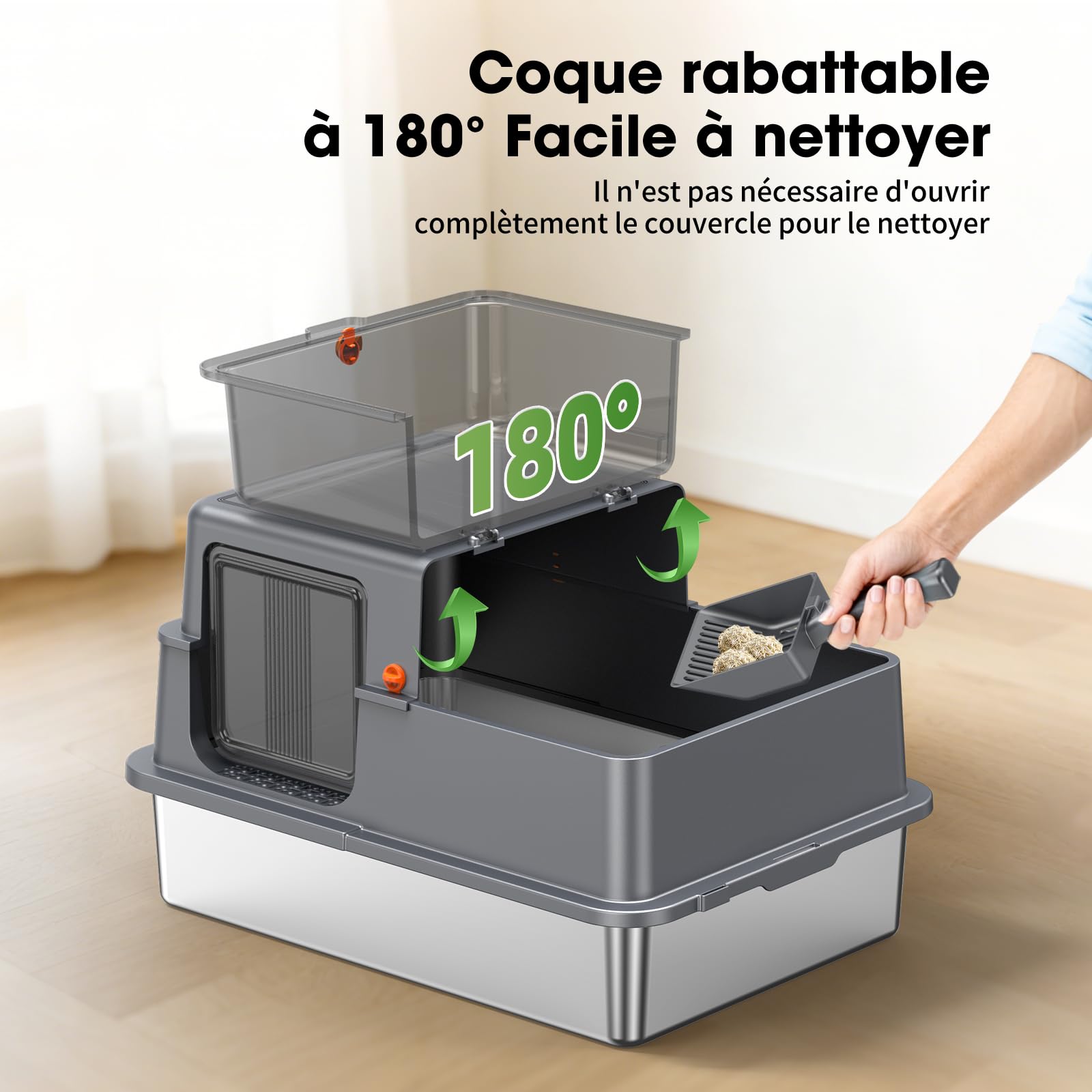 Bac à Litière INOX XXXL – Grand Bac Ouvert pour Chat, Gris foncé | Bords Hauts Anti-Fuite, Panneaux Semi-Transparents, Cuve Profonde Amovible, Surface Antiadhésive, Nettoyage Facile