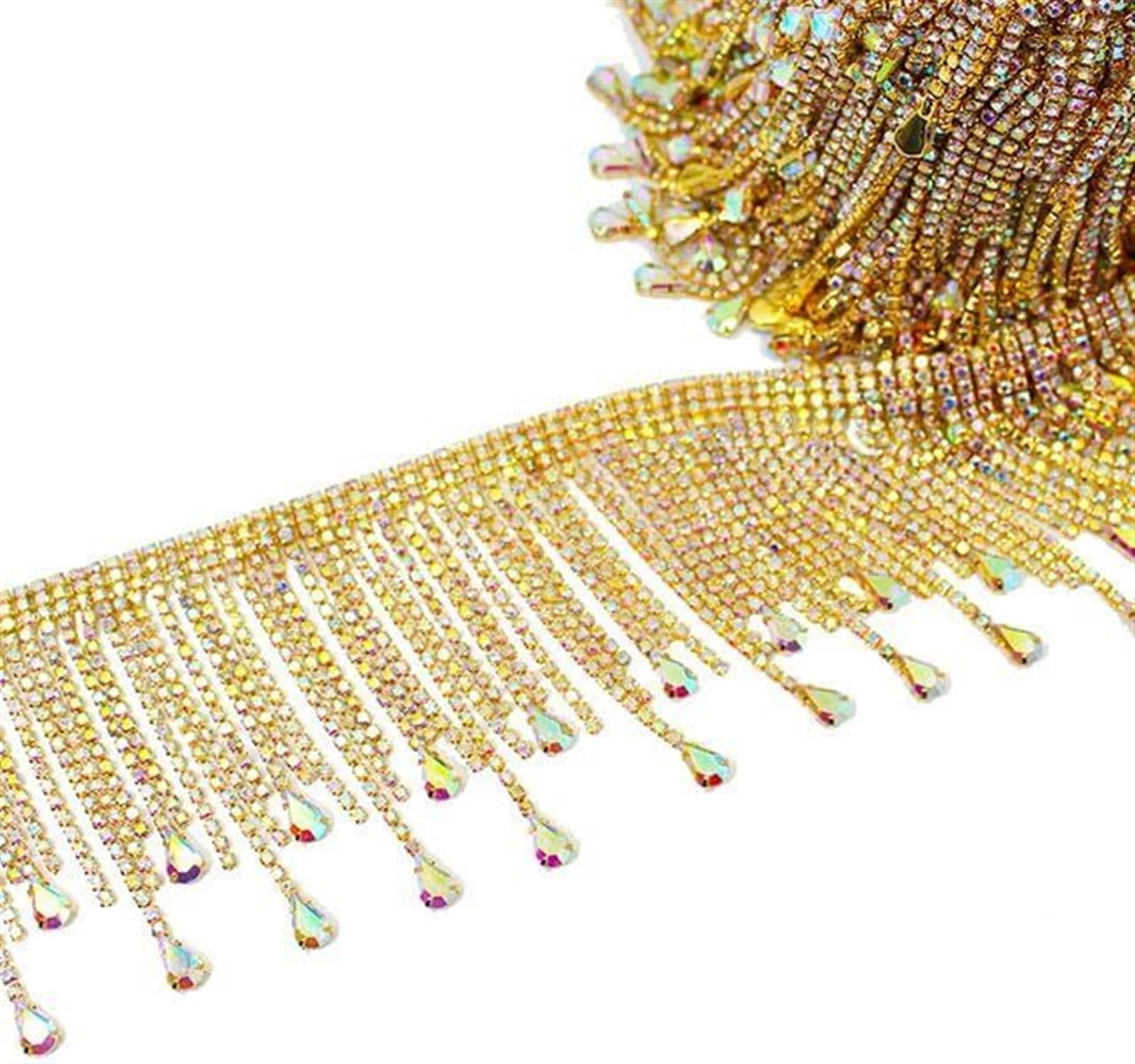 Finiture con frange, Artigianato da cucito, 2 metri di vetro fai da te Nappe con strass a goccia Catena di metallo Cristallo Oro AB Abito da ballo con frange Shinning Strass (Color : Gold) ( Color : A