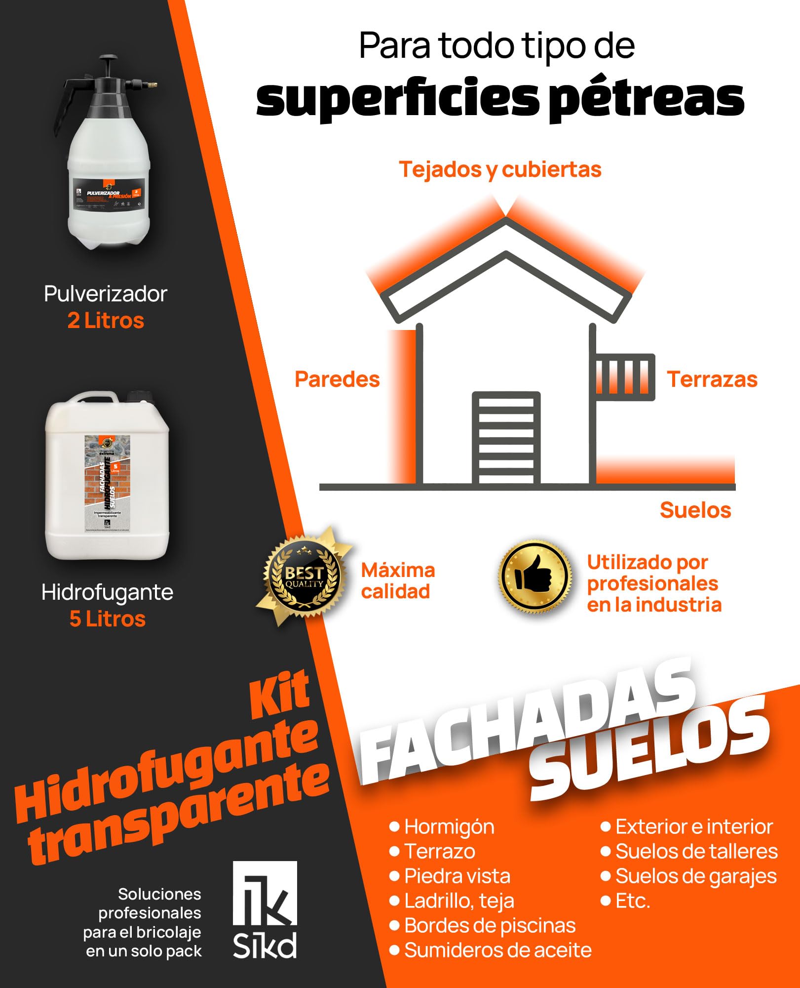 SIKD - Impermeabilizante Transparente. Hidrofugante Repelente al Agua para Fachadas y Suelos Pétreos 5 Litros. Pulverizador a Presión de 2 L para su Aplicación