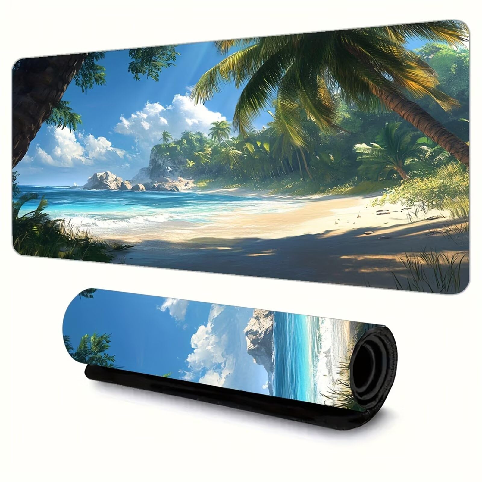 Grand Tapis de Souris de Jeu 1000x500x2 mm Mouse Pad Gaming Plantes Tropicales Plage Tapis de Bureau Antidérapant avec Bords Cousus pour Bureau, Études, Gamer
