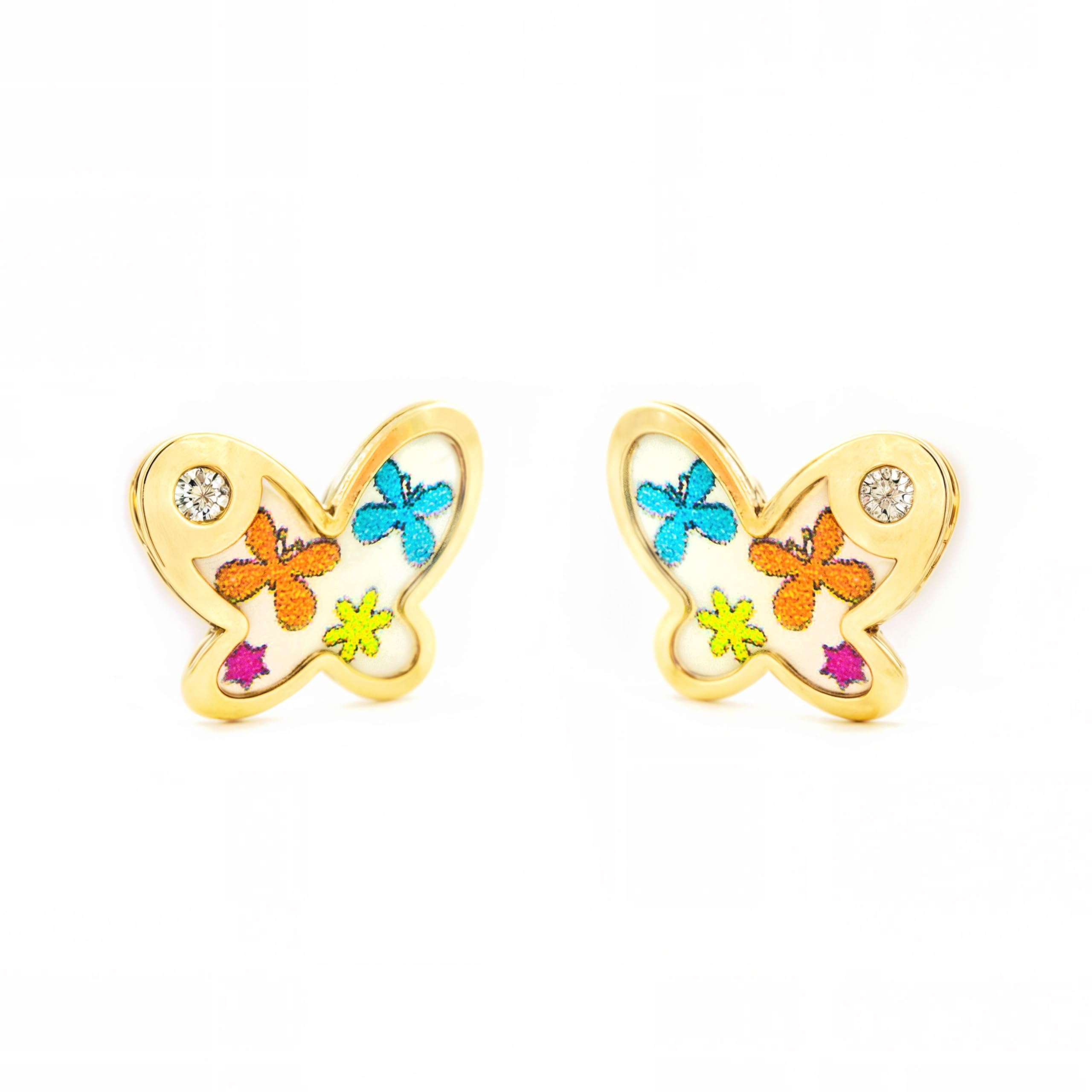 Orecchini bambini ragazza Smalto multicolore Farfalla Zircone Oro Giallo 9K - Certificato di garanzia - Mondepetit - 2491