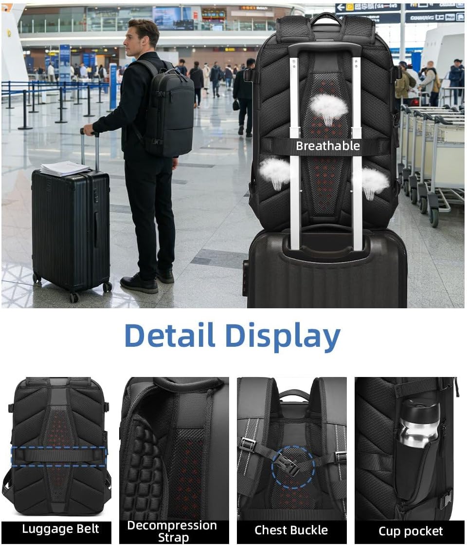 Vacuum Seal Travel Backpack, 35L Expandable, Air Compression, Waterproof, Carry On, 17 Inch Business Laptop Backpack for Women & Men, Black