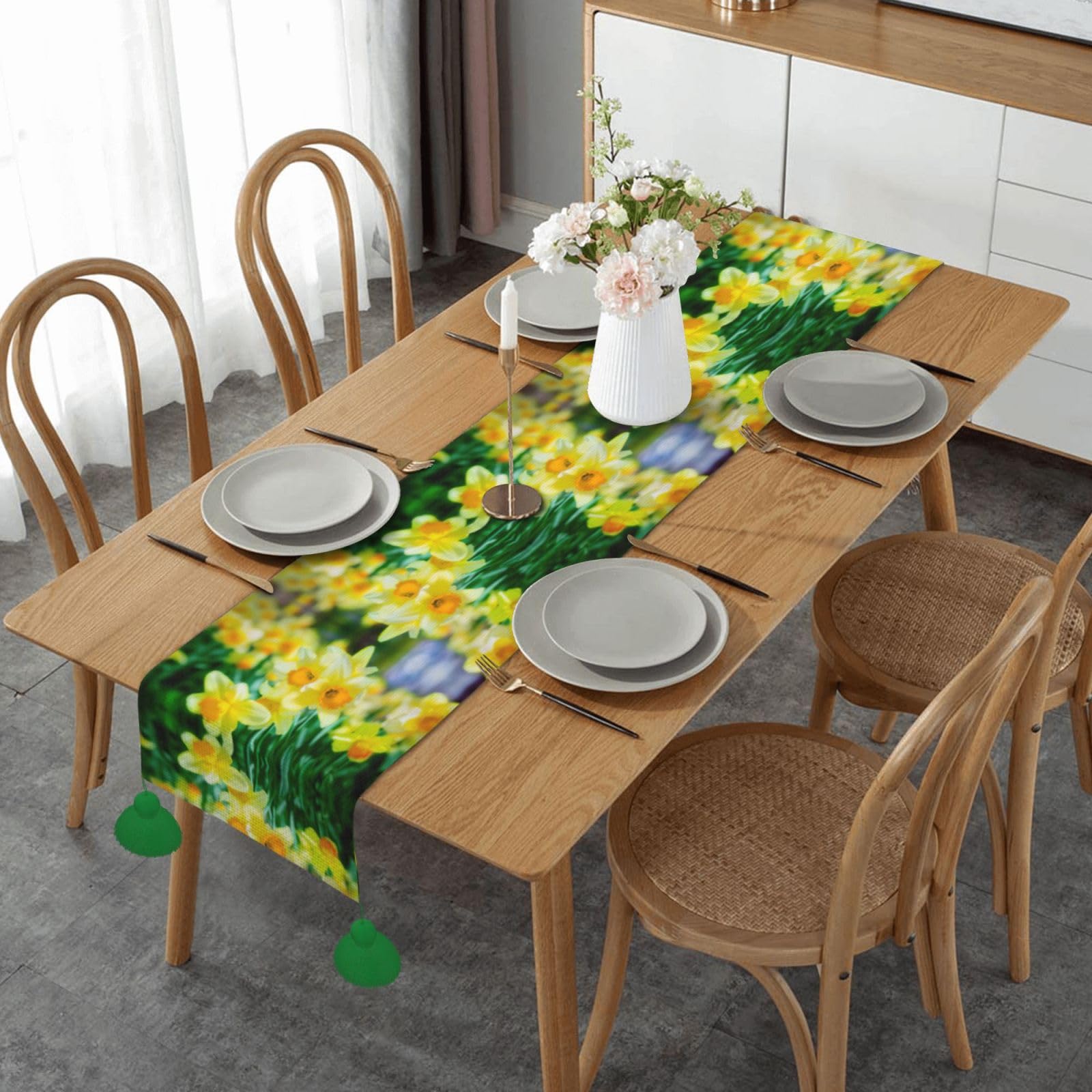 Chemin de table de Noël jonquille protège-table décoratif avec pompons