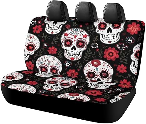 Soft Car Seat Cover, Rear Bench Seat Cover, Fashion Design Dirt Proof Dog Car Back Seat Cover for Trucks SUV Day Dead Floral Rose Sugar Skull