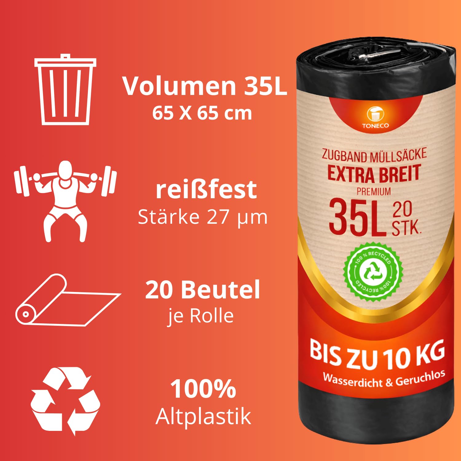 ZUGBAND MÜLLBEUTEL 35L - 500 Beutel - EXTRA BREIT - 100% recycelt - reißfest und wasserdicht (30/35L - 25 Rollen = 500 Beutel)