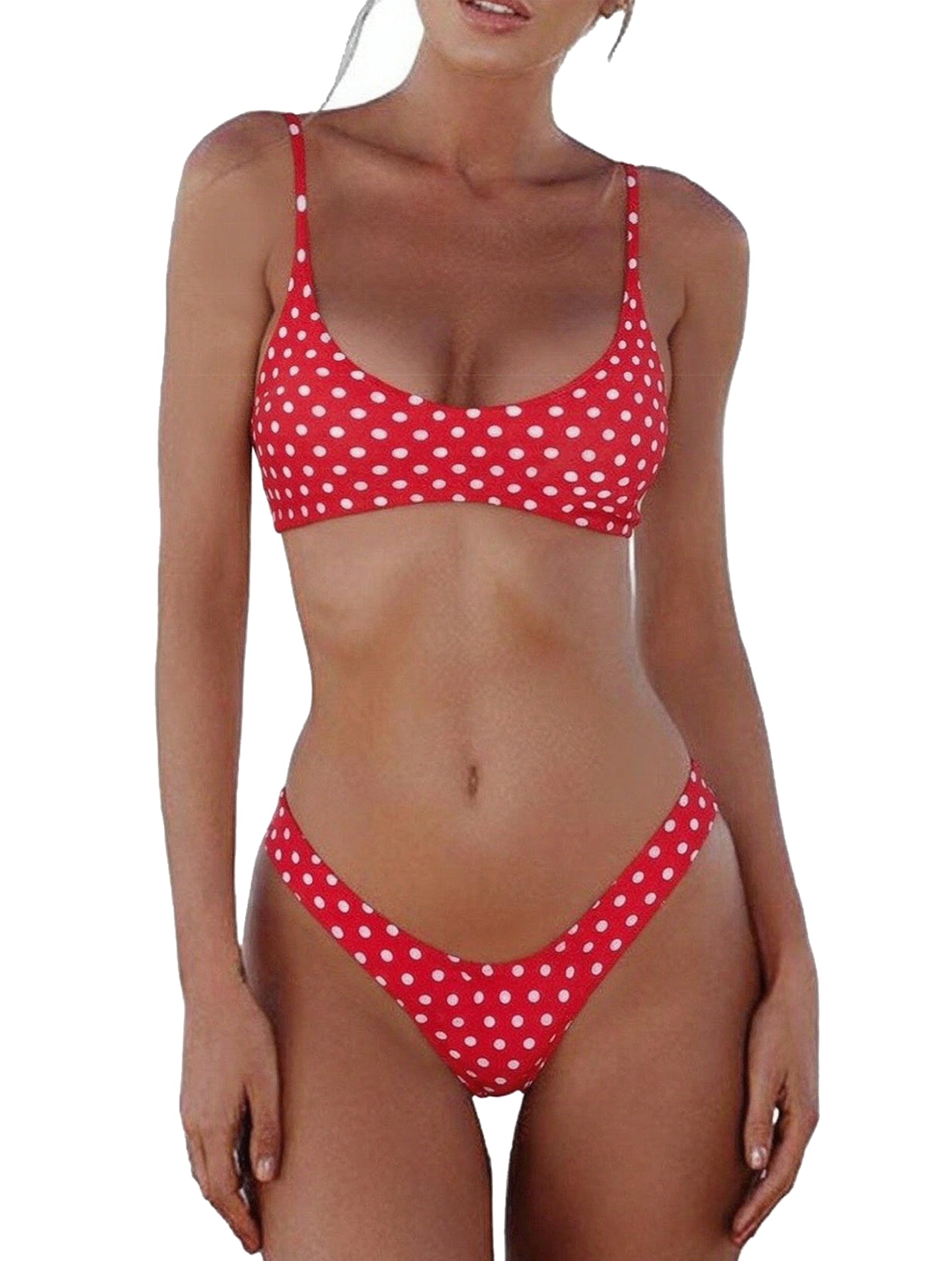 SherryDC Women's Solid Scoop Neck Push Up Padded Brazilian Thong Bikini Swimsuit Bathing Suit