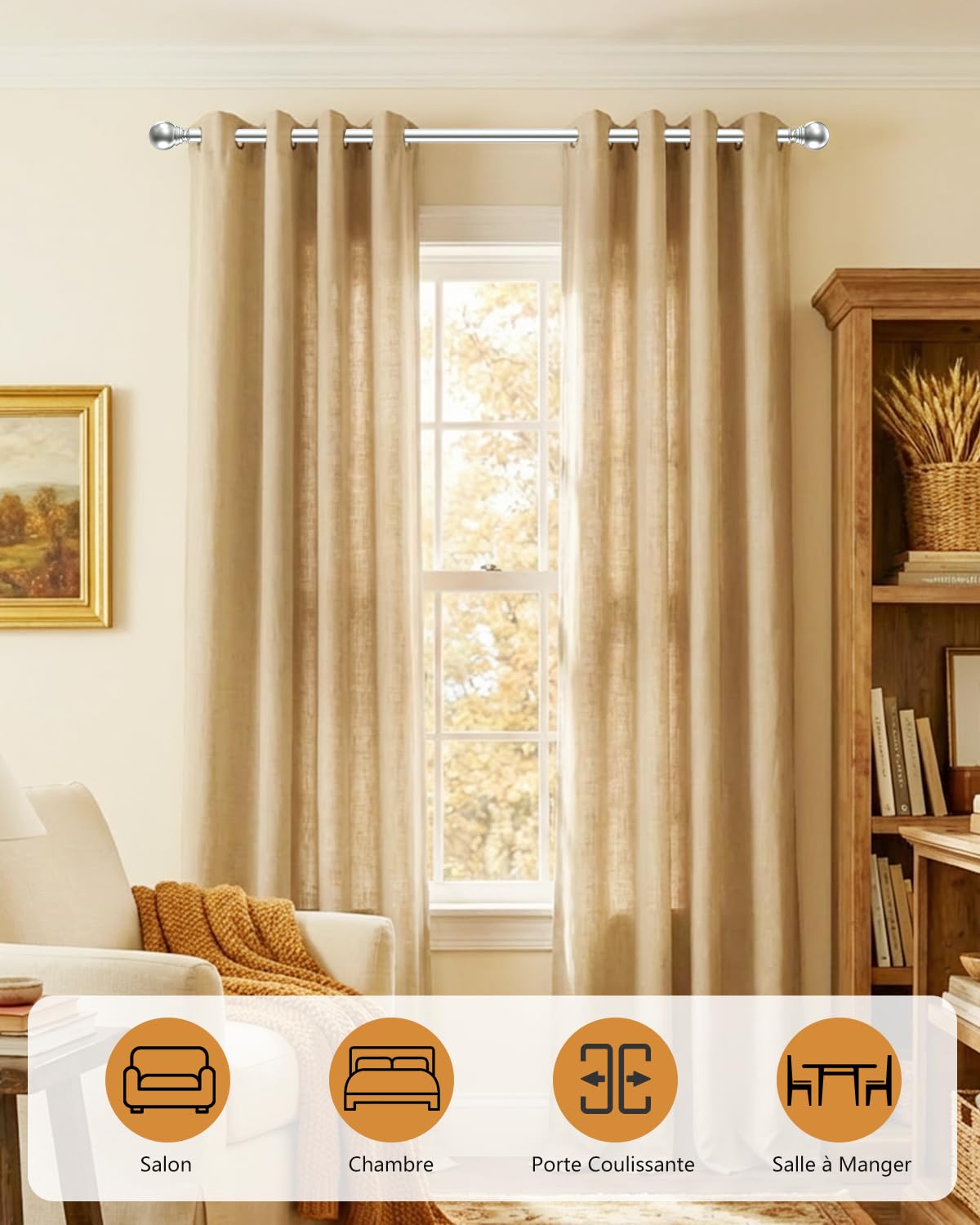 Tringle à Rideaux Argentée 66-417 cm, Ø25 mm, Extensible Réglable en Métal Robuste avec Supports et Embouts Décoratifs, Barre à Rideaux pour Fenêtre, Extérieur, Chambre, Cuisine et Salon