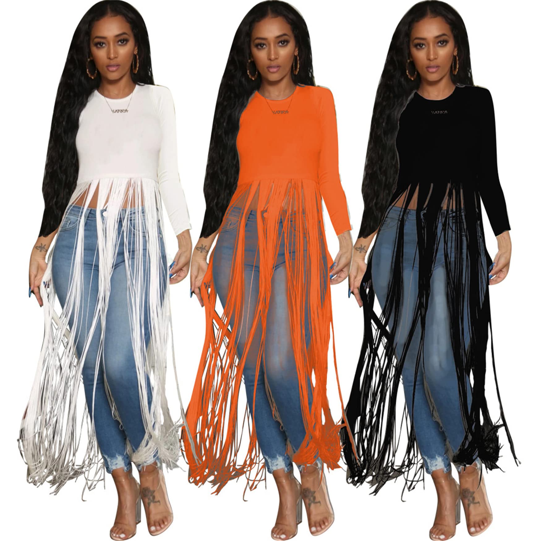 Women's Long Fringe Tassel Tank Tops Solid Color Long Fringe