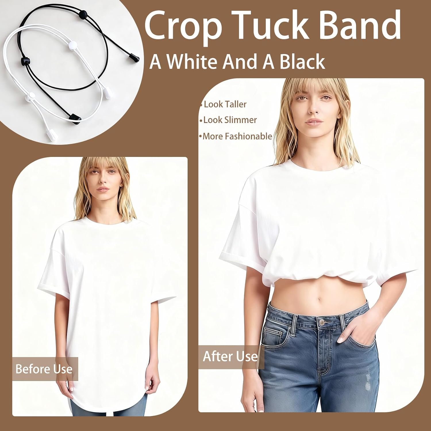 2 PCS Shirt Tuck Band Women, Crop Tuck Crop Top Band for Tucking Shirts T-shirts Hoodie and Sweaters Elastic Belt, Adjustable Crop Tucks for Women Girls to Change Style of Clothes( White and Black)