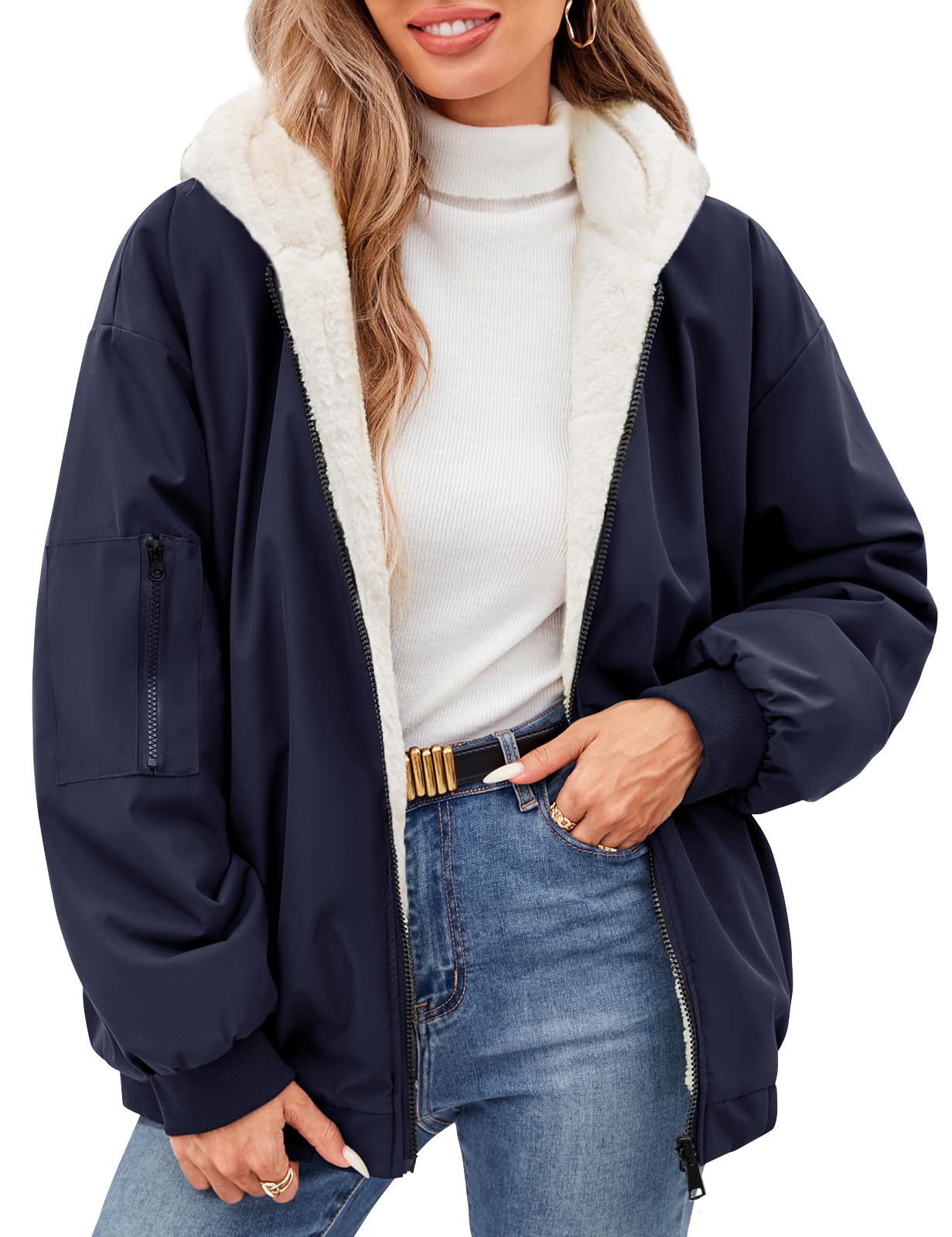 Vancavoo Chaqueta Reversible Mujer de Invierno con Capucha y Pelo Suave | Cazadora Corta con Cremallera, Puños de Canalé y Bolsillos en Ambos Lados para Uso Diario