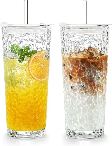 Miniatura 7 de Puraville Paquete de 2 vasos de vidrio de 18 onzas con tapas y pajitas, cristalería gruesa con patrón glaciar vintage para whisky, cóctel, cerveza,