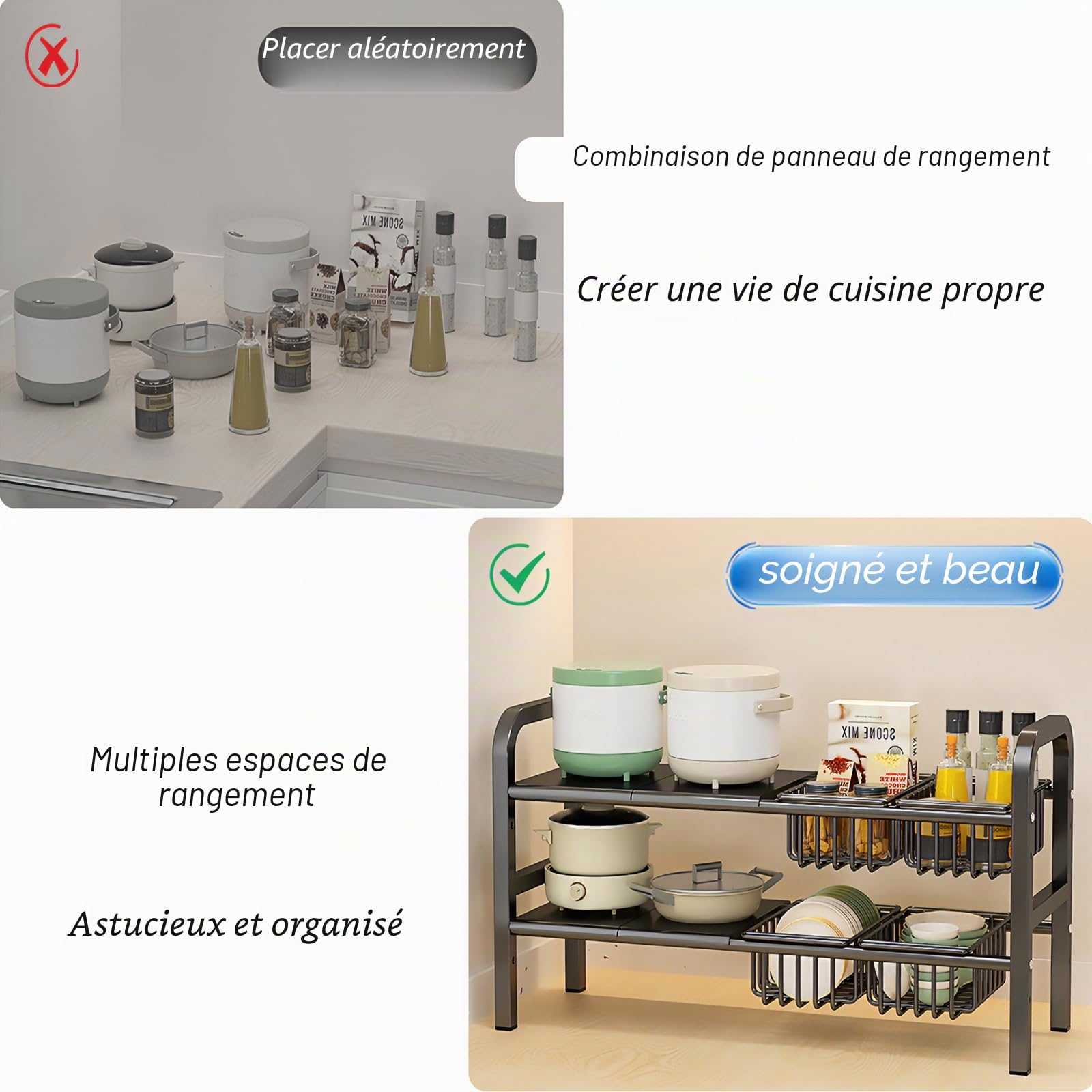 ViWaVee Rangement Sous Evier Extensible 53-93cm Organisateur Cuisine 4 Plateaux 4 Paniers Hauteur Réglable 5cm