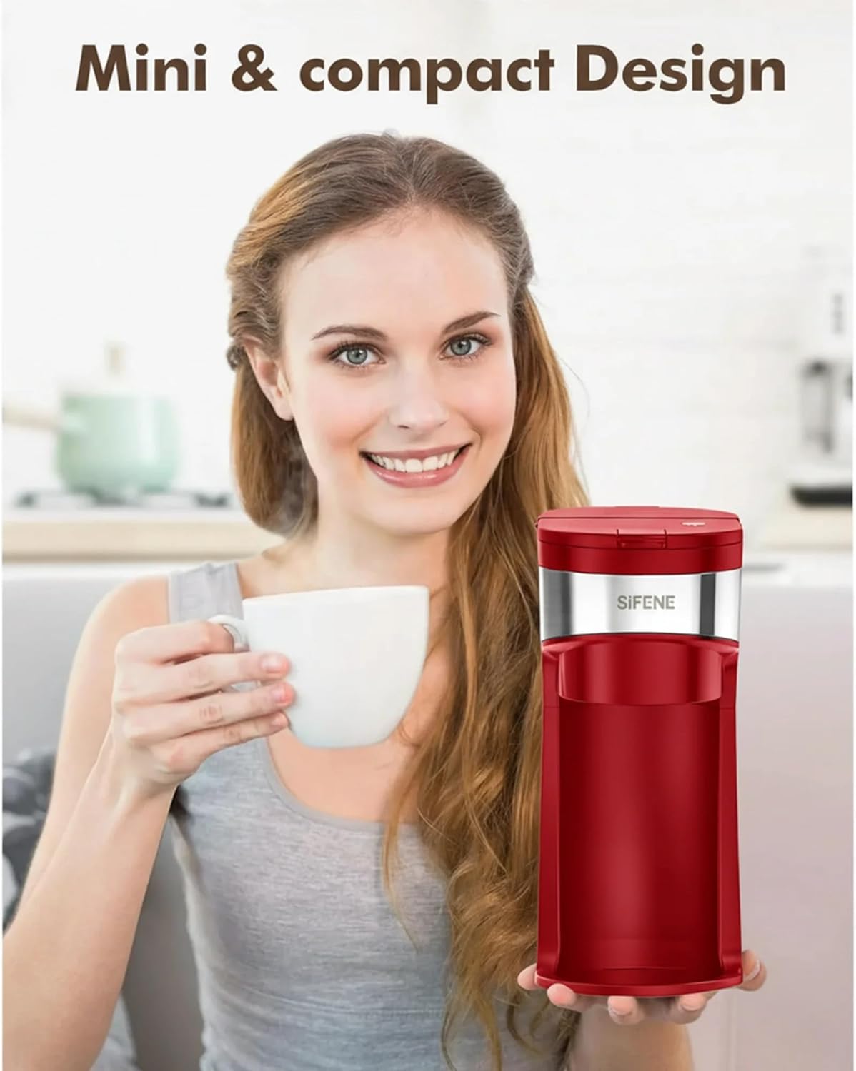 SIFENE Mini Single Serve Coffee Maker, 2-in-1 Portable Drip Machine for K-Pods & Ground Coffee, Fast Brew, Auto Shut-Off, Easy Clean, Max Cup Height 5.5", Compact for Travel, Office, Dorm, Red