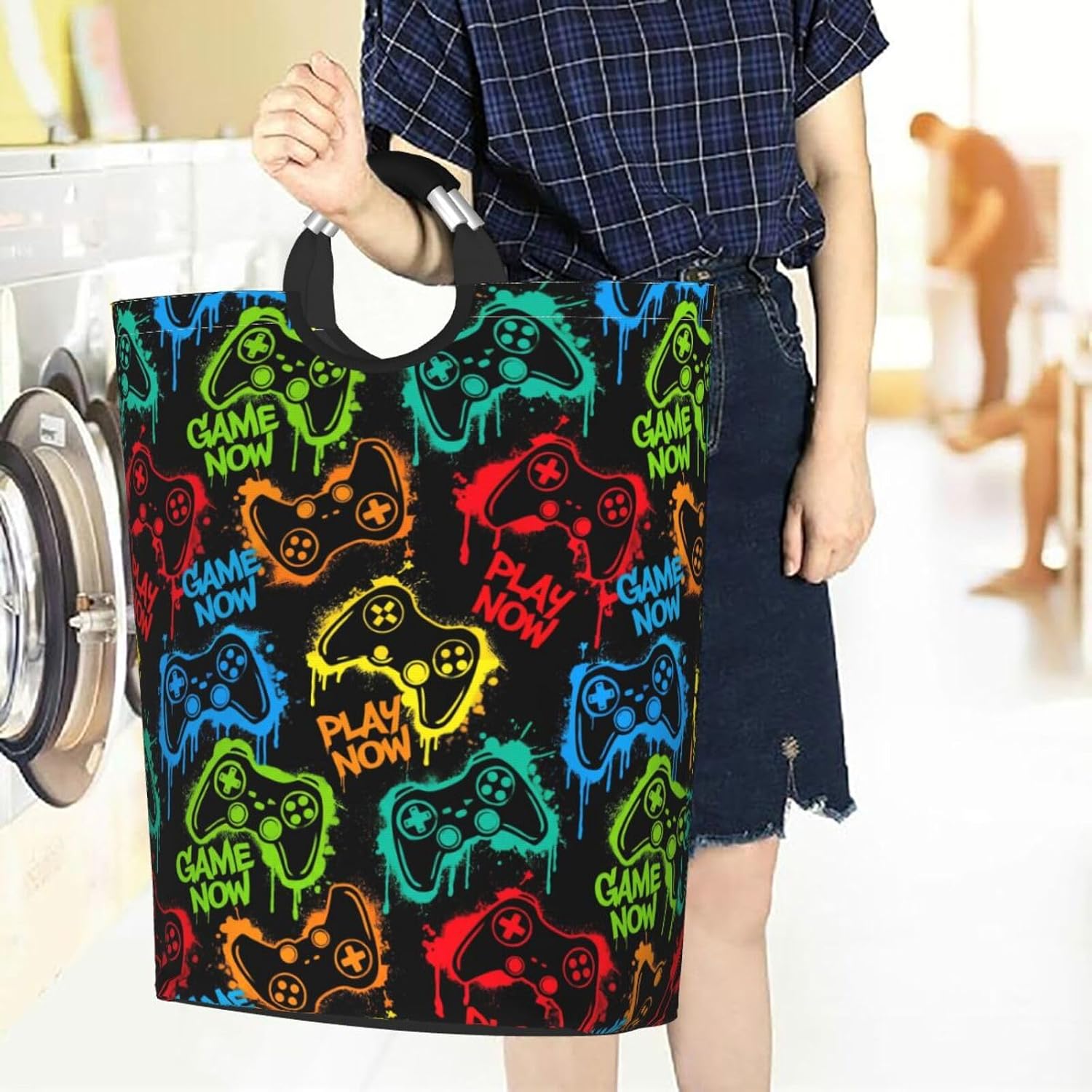 Colorful Game Joysticks Large Laundry Hamper Bag With Waterproof Liner - Gaming Gamer Laundry Basket Foldable Clothes Storage Organizer For Bathroom Bedroom Nursery Dorm