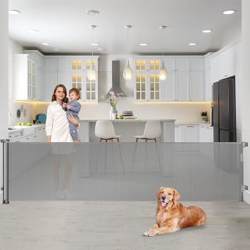 90 Inch Extra Wide Retractable Baby Gate Gates for Doorways Long Dog Gate for Wide Openings Large Pet Gate Indoor Outdoor Mesh Gates for Dogs Retractable Gates for Kids or Pets, Gray